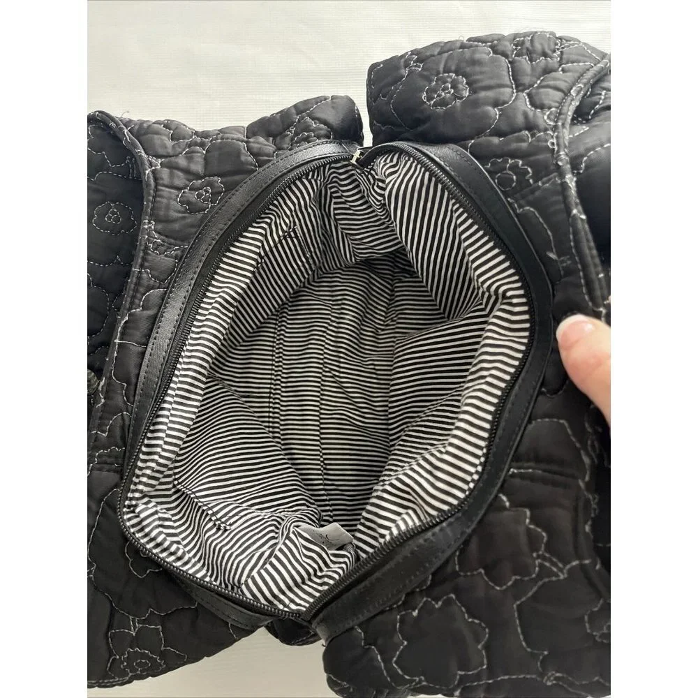 Thirty One Shoulder Bag Womens Black Flower‎ Poppy Quilted Hobo Purse 3 Sections